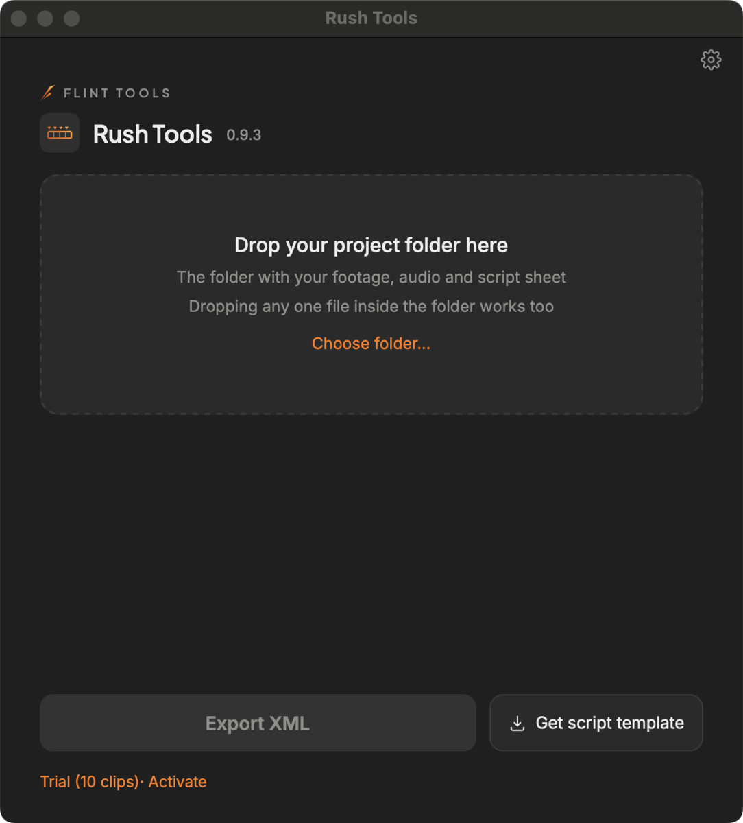 The Rush Tools window: a drop area for a project folder and an Export XML button.